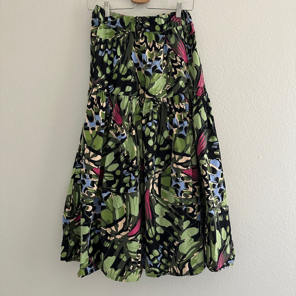 Calliope Tiered Midi Skirt Womens‎ Size S Green Multicolor Abstract Floral Boho